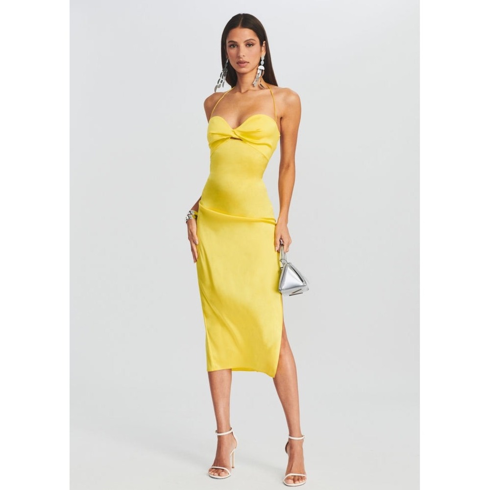NWT SER.O.YA Claude Silk Midi Dress Yellow Twist Bust Slit Size Large $425